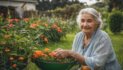 1girl,solo,smile,holding,jewelry,closed eyes,flower,white hair,earrings,outdoors,food,japanese clothes,day,kimono,hair bun,blurry,depth of field,blurry background,single hair bun,plant,bowl,realistic,basket,old,old man,old woman,garden,wrinkled skin,looking at viewer,short hair,grey hair,fruit,scar,grass