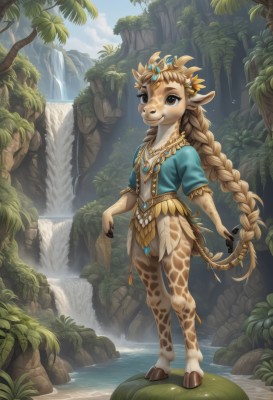 1girl,solo,long hair,looking at viewer,smile,brown hair,hair ornament,animal ears,brown eyes,jewelry,very long hair,closed mouth,standing,tail,full body,braid,short sleeves,outdoors,sky,day,artist name,cloud,water,necklace,twin braids,tree,blue sky,watermark,sunlight,blue shirt,monster girl,nature,claws,furry,forest,furry female,body fur,animal nose,river,waterfall,snout,brown fur,hooves,blonde hair,flat chest,single braid,leaf,grass,crown,plant,gem,web address,deer ears