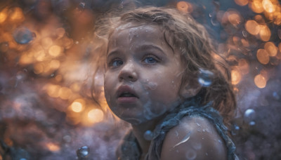 1girl, solo, looking at viewer, blue eyes, blonde hair, jewelry, upper body, earrings, parted lips, water, blurry, lips, wet, freckles, bubble, realistic, nose