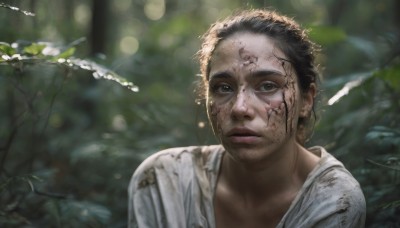 solo,looking at viewer,short hair,brown hair,shirt,black hair,1boy,brown eyes,closed mouth,white shirt,upper body,male focus,outdoors,parted lips,blurry,lips,wet,depth of field,blurry background,portrait,nature,realistic,branch,dirty,dirty face,day,blood,leaf,sunlight,forest,injury,nose,dappled sunlight