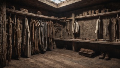 solo,shirt,monochrome,boots,shoes,indoors,no humans,window,scenery,wooden floor,shoes removed,sepia,shelf,shop,still life,clothes hanger,laundry,clothes,pants,boots removed