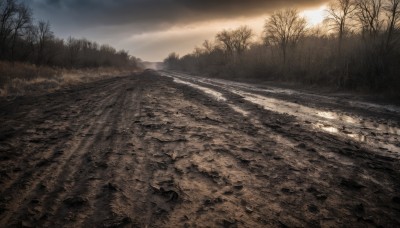 outdoors,sky,cloud,tree,no humans,sunlight,cloudy sky,grass,nature,scenery,forest,sunset,mountain,road,bare tree,river,landscape,water,light rays,sun,puddle