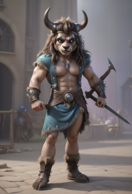 solo,long hair,looking at viewer,smile,blue eyes,brown hair,1boy,navel,holding,jewelry,nipples,standing,full body,weapon,short sleeves,male focus,earrings,boots,open clothes,horns,teeth,solo focus,belt,sword,artist name,signature,necklace,holding weapon,blurry,muscular,blurry background,abs,thick eyebrows,knife,pectorals,muscular male,bara,glowing eyes,furry,colored sclera,fake horns,bracer,dagger,bare pectorals,animal ears,green eyes,outdoors,grin,vest,bracelet,fur trim,furry male,open vest,brown fur