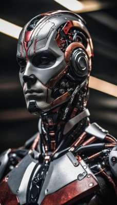 solo,1boy,upper body,male focus,blurry,no humans,halo,helmet,robot,portrait,science fiction,realistic,android,cable,cyborg,power armor,humanoid robot,1girl,closed mouth,armor,black eyes,from side,lips,close-up,joints,robot joints,cyberpunk,mechanical parts