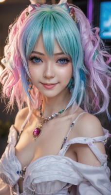 1girl,solo,long hair,breasts,looking at viewer,smile,bangs,blue eyes,shirt,hair ornament,cleavage,bare shoulders,twintails,jewelry,medium breasts,closed mouth,underwear,blue hair,collarbone,upper body,pink hair,multicolored hair,earrings,small breasts,open clothes,necklace,off shoulder,bra,blurry,two-tone hair,lips,eyelashes,aqua hair,gradient hair,makeup,depth of field,blurry background,lipstick,gem,strap slip,pendant,eyeshadow,freckles,white bra,pink lips,realistic,nose,mascara,large breasts,wavy hair