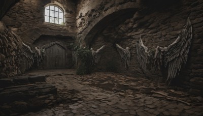 wings,indoors,no humans,window,sunlight,plant,scenery,feathered wings,angel wings,stairs,wall,ruins,pillar,statue,arch,fantasy,angel,stone wall