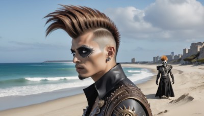 solo,short hair,brown hair,1boy,jewelry,male focus,earrings,outdoors,sky,day,cloud,orange hair,armor,blue sky,facial hair,ocean,beach,science fiction,city,realistic,sand,goatee,undercut,cyborg,mohawk,cyberpunk,blonde hair,multiple boys,2boys,water,piercing,ear piercing,scenery,spikes,horizon,facepaint,white eyes