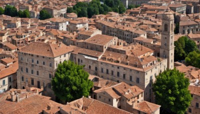 outdoors,day,tree,no humans,window,building,scenery,stairs,city,road,cityscape,house,bridge,from above,nature,fantasy,bush,castle,tower