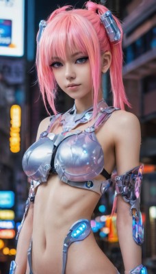 1girl,solo,breasts,looking at viewer,bangs,blue eyes,navel,bare shoulders,twintails,medium breasts,upper body,pink hair,parted lips,midriff,armor,blurry,black eyes,lips,blurry background,science fiction,realistic,bikini armor,short hair,hair ornament,closed mouth,sidelocks,small breasts,stomach,grey eyes