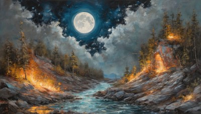 outdoors,sky,cloud,signature,water,tree,no humans,night,moon,cloudy sky,fire,star (sky),nature,night sky,scenery,full moon,forest,starry sky,rock,fantasy,ruins,river,campfire