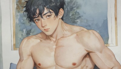 solo,looking at viewer,short hair,bangs,black hair,1boy,brown eyes,closed mouth,nipples,collarbone,upper body,male focus,indoors,lips,wet,muscular,pectorals,muscular male,bara,large pectorals,topless male,wet hair,hair between eyes,nude,expressionless,abs,realistic,painting (medium),painting (object)