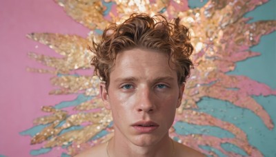 1girl,solo,looking at viewer,short hair,blue eyes,brown hair,1boy,jewelry,male focus,parted lips,necklace,blurry,lips,blue background,portrait,freckles,realistic,nose,pink background,looking up,curly hair