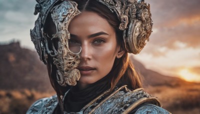 1girl,solo,long hair,looking at viewer,brown hair,black hair,brown eyes,jewelry,closed mouth,earrings,outdoors,sky,cloud,armor,blurry,lips,depth of field,blurry background,headgear,helmet,cloudy sky,portrait,mountain,realistic,nose,parted lips,shoulder armor