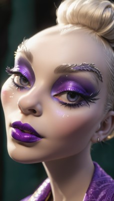 1girl,solo,looking at viewer,short hair,blonde hair,jewelry,earrings,parted lips,hair bun,lips,grey eyes,eyelashes,makeup,single hair bun,thick eyebrows,lipstick,portrait,close-up,eyeshadow,eyeliner,purple lips,mascara,purple eyeshadow,signature,black eyes,piercing,realistic