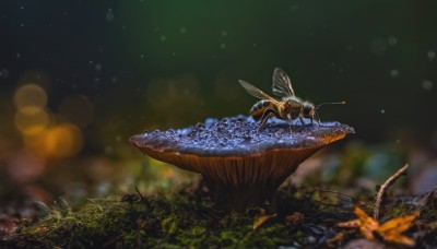 outdoors,wings,sky,blurry,tree,no humans,night,depth of field,blurry background,animal,grass,bug,plant,night sky,scenery,fantasy,antennae,mushroom,bokeh,insect wings,fireflies,solo,water,nature,light particles,realistic,animal focus