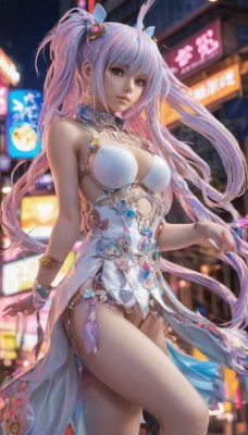 1girl,solo,long hair,breasts,looking at viewer,smile,bangs,hair ornament,dress,cleavage,bare shoulders,twintails,brown eyes,jewelry,medium breasts,closed mouth,underwear,standing,panties,pink hair,thighs,earrings,white dress,blurry,bracelet,lips,blurry background,realistic,gloves,very long hair,cowboy shot,outdoors,artist name,no panties,night,watermark,nose