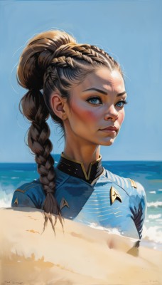 1girl,solo,long hair,breasts,blue eyes,brown hair,jewelry,upper body,braid,earrings,outdoors,sky,day,artist name,signature,water,blue sky,lips,single braid,ocean,beach,portrait,freckles,realistic,nose,sand,stud earrings,hair pulled back,looking at viewer,blush,closed mouth,ponytail,cloud,dark skin,uniform,dated,dark-skinned female,makeup,thick eyebrows,eyeshadow,horizon,eyeliner,dirty