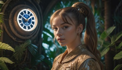 1girl,solo,long hair,looking at viewer,bangs,brown hair,hair ornament,brown eyes,jewelry,closed mouth,upper body,ponytail,earrings,blurry,lips,depth of field,blurry background,leaf,high ponytail,plant,portrait,realistic,nose,outdoors,eyelashes,sunlight,nature,clock,dappled sunlight