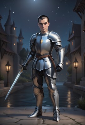 solo,looking at viewer,short hair,black hair,1boy,holding,brown eyes,standing,full body,weapon,male focus,boots,outdoors,sky,belt,sword,water,holding weapon,armor,lips,night,holding sword,moon,shoulder armor,gauntlets,star (sky),night sky,starry sky,reflection,pauldrons,breastplate,fantasy,armored boots,very short hair,greaves,faulds,castle,knight,chainmail,plate armor,brown hair,artist name,building