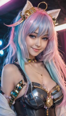 1girl,solo,long hair,breasts,looking at viewer,smile,bangs,blue eyes,hair ornament,animal ears,cleavage,bare shoulders,jewelry,medium breasts,blue hair,collarbone,upper body,pink hair,ahoge,multicolored hair,parted lips,choker,cat ears,necklace,mole,two-tone hair,lips,gradient hair,armlet,mole on breast,realistic,nose,large breasts,purple hair,armor,blurry,grey eyes,eyelashes,makeup,breastplate,pink lips