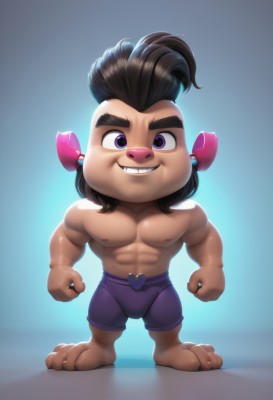 solo,looking at viewer,smile,simple background,brown hair,black hair,1boy,jewelry,underwear,nipples,standing,purple eyes,full body,male focus,heart,earrings,barefoot,teeth,chibi,grin,muscular,blue background,abs,thick eyebrows,pectorals,muscular male,furry,clenched hands,topless male,furry male,male child,male underwear,buck teeth,long hair,animal ears,collarbone,shorts,artist name,dark skin,necklace,v-shaped eyebrows,gradient,gradient background,watermark,happy,claws,animal nose,brown fur,mohawk