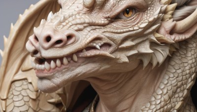 solo,looking at viewer,open mouth,simple background,yellow eyes,horns,teeth,tongue,grey background,blurry,orange eyes,no humans,fangs,sharp teeth,slit pupils,portrait,close-up,monster,realistic,dragon,scales,brown eyes,wings,lips