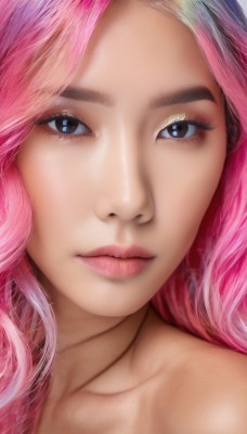 1girl,solo,long hair,looking at viewer,blue eyes,bare shoulders,brown eyes,closed mouth,collarbone,pink hair,multicolored hair,black eyes,two-tone hair,lips,eyelashes,makeup,portrait,close-up,eyeshadow,realistic,nose,grey eyes,expressionless