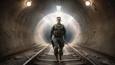 solo,looking at viewer,brown hair,gloves,1boy,hat,holding,standing,weapon,male focus,boots,belt,pants,indoors,holding weapon,uniform,gun,military,military uniform,facial hair,holding gun,handgun,walking,science fiction,realistic,hallway,soldier,black hair,vest,rifle,light,holster,ceiling light