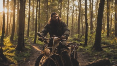 solo,brown hair,black hair,gloves,1boy,sitting,jacket,male focus,outdoors,day,pants,tree,facial hair,animal,sunlight,helmet,grass,ground vehicle,nature,scenery,motor vehicle,beard,forest,riding,leather,motorcycle,leather jacket,short hair,blurry,realistic