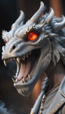 solo,open mouth,red eyes,1boy,jewelry,male focus,horns,teeth,tongue,tongue out,necklace,blurry,from side,no humans,blurry background,chain,fangs,sharp teeth,portrait,colored sclera,monster,scales,red sclera,looking at viewer,dragon,tusks