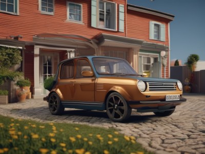 flower,outdoors,sky,day,artist name,tree,blue sky,no humans,window,grass,plant,ground vehicle,building,scenery,motor vehicle,yellow flower,door,car,potted plant,road,bush,house,vehicle focus,flower pot,blurry,shadow,wheel,tire