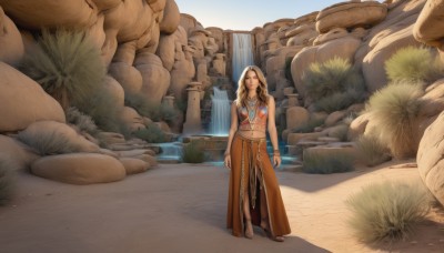 1girl,solo,long hair,breasts,looking at viewer,skirt,brown hair,navel,bare shoulders,jewelry,medium breasts,standing,braid,earrings,outdoors,barefoot,midriff,dark skin,water,necklace,bracelet,dark-skinned female,sandals,scenery,long skirt,rock,arms at sides,tribal,blue eyes,blonde hair,brown eyes,full body,day,lips,tattoo,pendant,waterfall