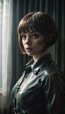 1girl,solo,breasts,looking at viewer,short hair,bangs,brown hair,shirt,brown eyes,upper body,parted lips,collared shirt,blurry,from side,lips,wet,buttons,bob cut,curtains,wet clothes,freckles,rain,realistic,nose,wet hair,leather,black hair,jewelry,medium breasts,jacket,earrings,artist name,necklace,black eyes,black jacket,eyelashes,makeup,blurry background,red lips,leather jacket