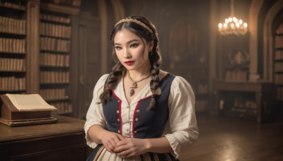 1girl,solo,long hair,breasts,looking at viewer,smile,brown hair,shirt,black hair,long sleeves,dress,brown eyes,jewelry,white shirt,upper body,braid,hairband,indoors,necklace,blurry,vest,twin braids,lips,book,makeup,depth of field,blurry background,table,own hands together,lipstick,hair over shoulder,pendant,realistic,bookshelf,red lips,book stack,library,collarbone,parted lips,buttons,parody,tiara,forehead