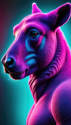 solo,looking at viewer,1boy,animal ears,brown eyes,closed mouth,upper body,male focus,from side,gradient,gradient background,no humans,muscular,animal,pectorals,furry,realistic,animal focus,chest hair,whiskers,pink skin,simple background,signature,pokemon (creature),colored skin,blue background,blue skin,purple skin,what