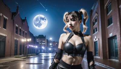 1girl,solo,breasts,looking at viewer,blonde hair,brown hair,black hair,gloves,navel,cleavage,bare shoulders,twintails,brown eyes,medium breasts,upper body,outdoors,sky,choker,elbow gloves,midriff,water,collar,lips,torn clothes,makeup,night,moon,building,star (sky),night sky,full moon,zipper,starry sky,reflection,city,realistic,red lips,leather,planet,lamppost,shooting star,short hair,bangs,blue eyes,parted lips,detached sleeves,crop top,looking to the side,halterneck,lipstick,short twintails,road