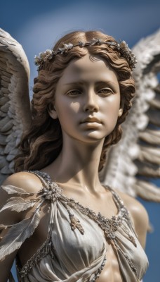 1girl,solo,long hair,breasts,looking at viewer,brown hair,dress,bare shoulders,brown eyes,closed mouth,collarbone,upper body,small breasts,wings,sky,white dress,blurry,lips,blue background,halo,feathers,feathered wings,curly hair,angel wings,realistic,white wings,angel,head wreath,mole,mole under mouth