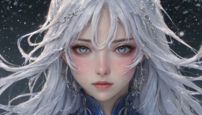 1girl,solo,long hair,looking at viewer,blush,bangs,blue eyes,hair ornament,jewelry,closed mouth,white hair,grey hair,earrings,lips,grey eyes,eyelashes,floating hair,wind,portrait,snow,close-up,freckles,snowing,realistic,straight-on,hair between eyes,parted bangs,expressionless,black background,circlet,nose,head chain