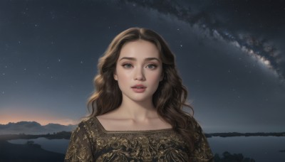 1girl,solo,long hair,looking at viewer,blue eyes,brown hair,dress,collarbone,upper body,outdoors,parted lips,sky,cloud,lips,night,wavy hair,star (sky),night sky,starry sky,mountain,realistic,teeth,water,grey eyes,eyelashes,ocean,scenery,lake