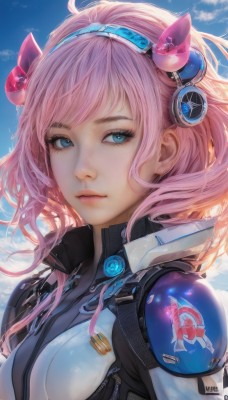 1girl,solo,long hair,breasts,looking at viewer,short hair,bangs,blue eyes,hair ornament,medium breasts,upper body,pink hair,ahoge,hairband,outdoors,parted lips,horns,sky,day,artist name,cloud,signature,medium hair,blue sky,lips,eyelashes,bodysuit,headgear,science fiction,pink lips,realistic,nose,jacket,armor,makeup,headphones,cloudy sky,eyeshadow,freckles,emblem,pilot suit