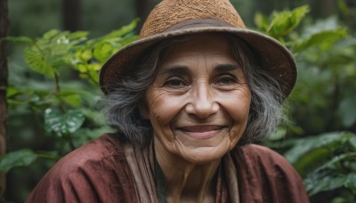 1girl,solo,looking at viewer,smile,open mouth,black hair,1boy,hat,upper body,grey hair,male focus,outdoors,japanese clothes,day,blurry,black eyes,depth of field,blurry background,portrait,nature,realistic,brown headwear,straw hat,old,old man,old woman,wrinkled skin,short hair,brown eyes,closed mouth,leaf,plant,sun hat