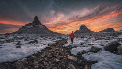 solo, standing, jacket, outdoors, sky, pants, cloud, from behind, coat, night, black pants, star (sky), night sky, scenery, snow, starry sky, sunset, mountain, horizon, facing away, wide shot