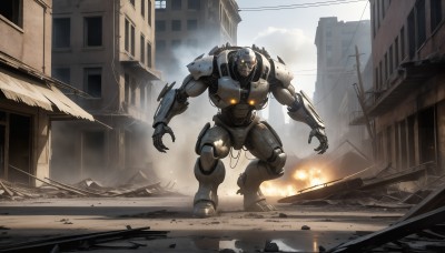 HQ,solo,standing,outdoors,sky,armor,no humans,glowing,fire,robot,building,mecha,glowing eyes,claws,smoke,science fiction,monster,city,realistic,military vehicle,cable,explosion,ruins,power lines,damaged,utility pole,open hands,power armor,debris,dust,destruction,rubble,kaijuu,military,window,battle,street,super robot