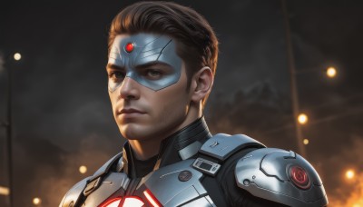 solo,looking at viewer,brown hair,1boy,brown eyes,closed mouth,upper body,male focus,armor,blurry,bodysuit,mask,night,blurry background,facial hair,portrait,realistic,nose,stubble,superhero,short hair,artist name,lips