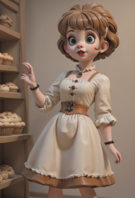 1girl,solo,looking at viewer,short hair,open mouth,blue eyes,brown hair,hair ornament,dress,jewelry,standing,earrings,parted lips,food,hairclip,indoors,necklace,apron,bracelet,lips,makeup,child,basket,female child,brown dress,bread,cookie,breasts,bangs,long sleeves,frills,teeth,white dress,lipstick,red lips