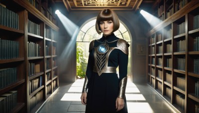 1girl,solo,looking at viewer,short hair,bangs,brown hair,long sleeves,dress,brown eyes,closed mouth,standing,indoors,blunt bangs,armor,black eyes,black dress,lips,book,window,sunlight,bob cut,plant,gem,light rays,stairs,arms at sides,bookshelf,sunbeam,library,blue eyes,black hair,jewelry,cowboy shot,day,makeup,nose