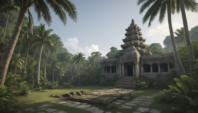 outdoors,sky,day,cloud,tree,blue sky,no humans,sunlight,cloudy sky,grass,plant,building,nature,scenery,rock,palm tree,bush,shade,ruins,forest,stairs,pillar,statue,path