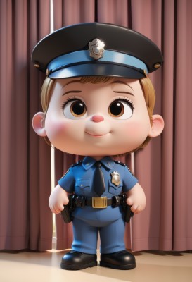 1girl,solo,looking at viewer,blush,smile,short hair,blonde hair,brown hair,shirt,hat,brown eyes,closed mouth,standing,full body,weapon,short sleeves,necktie,shoes,collared shirt,belt,pants,indoors,chibi,black footwear,uniform,gun,black headwear,blue shirt,curtains,child,black necktie,handgun,blue headwear,freckles,black belt,blue necktie,blue pants,female child,holster,badge,police,police uniform,policewoman,police hat