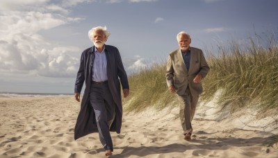 shirt,long sleeves,jacket,white hair,grey hair,male focus,outdoors,multiple boys,sky,barefoot,day,striped,pants,cloud,2boys,blue sky,coat,facial hair,parody,formal,suit,grass,beard,walking,realistic,mustache,bald,old,old man,blonde hair,full body,white shirt,necktie,collared shirt,belt,shadow,black pants,cloudy sky,wind,scenery,clenched hands,brown jacket,field,brown coat,black suit