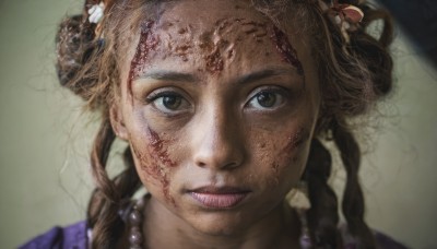 1girl,solo,long hair,looking at viewer,brown hair,brown eyes,jewelry,braid,parted lips,teeth,necklace,hair bun,blurry,twin braids,lips,double bun,blood,scar,portrait,realistic,pearl necklace,smile,hair ornament,dark skin,dark-skinned female,close-up,freckles,blood on face,dirty,dirty face